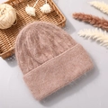 Women's dusty pink cable knit beanie made of warm angora rabbit hair wool blend - Camel