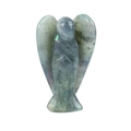 Hand-carved labradorite angel statue with blue-green iridescence on white background - White Labradorite