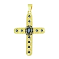 Vintage golden cross pendant with deep blue oval gemstones and high-polished finish - Pendant 24 (Gold Dark Blue Stone Luxury Cross)
