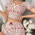 Set pigiama bianco da donna con cuori rossi, scritte LOVE e bordi in pizzo - S / Rosso