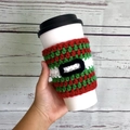 Handmade crochet Christmas mug sleeve in red and green stripes with belt detail - Red and Green Stripes Christmas