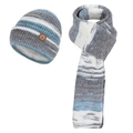 Ensemble hiver bonnet et écharpe rayés gris et bleu avec logo en cuir marron cousu - Ensemble deux pièces / Gris