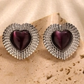 French heart-shaped stainless steel stud earrings with purple cat-eye stone - Deep purple