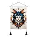 Bohemian tapestry featuring blue cat with yellow eyes, gold stars and black tassels - Style 3 / 35x50cm