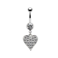 Polierter silberner Bauchnabelpiercing mit rundem Zirkon und funkelndem Herz-Anhänger - Pavé-Herz