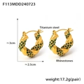 Golden U-shaped titanium steel twist hoop earrings with emerald green rhinestones - Large Style (F113) / Gold Green