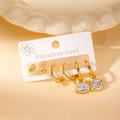 Three-pair gold titanium steel earring set with heart pendants and stud designs - Asymmetric Heart Style Set (BJGE0367) / Gold