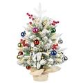 50cm mini flocked Christmas tree with warm LED lights, pine cones and red berries on white base - SYV511