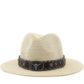 Detail of vintage straw cowboy hat featuring leather band and metal bull head ornament - M (56-58cm) / Beige