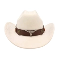 Klassischer weißer Filz-Cowboyhut mit braunem Lederband und silbernem Stierkopf-Ornament - Beige