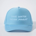 Light blue mesh trucker hat with SAVE WATER DRINK MARGS print and rope accent - All Sky Blue