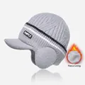 Light gray knit earflap baseball cap with black stripes and warm fleece lining - Fleece-lined Ear Protection Knit Hat / Gray