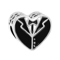 Silver heart charm with black enamel suit tuxedo design for bracelets and necklaces - Tuxedo Heart Bead