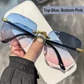 Frameless square sunglasses with blue-pink gradient lenses and gold metal bridge - 1607 Blue to Pink Gradient
