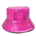 Close-up of metallic pink PU leather bucket hat with glossy finish and stitched brim - 57cm / Rose Red