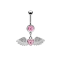 Detail of silver belly ring with pink heart gem, angel wings and clear crystal pavé accents - Pink Angel Wing Heart