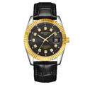 Luminous quartz watch with silver steel case, gold bezel and black leather strap - Black Strap Two-tone Case Black Dial Men