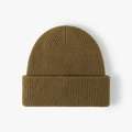 Winter rib-knit wool beanie hat in dark brown with thick turn-up cuff design - Adjustable / Autumn Grass Green