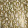 Matte gold Christmas wrapping paper roll featuring white pine trees and stars - Gold Background Tree
