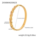 Macro view of twisted golden bangle with zircon detailing and product dimensions - Twisted Pink Zirconia Style (Z436) / Gold