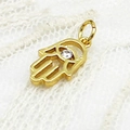18K gold plated Hamsa Hand charm with micro-inset clear gemstone for jewelry making - Hollow Palm