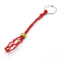 Handmade red woven net keychain with a wooden bead and adjustable cord for stones - Red