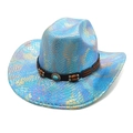 Close-up of holographic snake pattern western hat with turquoise bead and ethnic leather band - M (56-58cm) / Lake Blue