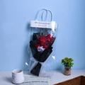 Three red soap roses with dried baby's breath in black wrap and clear gift bag - Red Rose Gypsophila Gift Bag Greeting Card