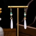 Retro Chinese style earrings with green beads and white teardrop pendants on gold frame - E1492-1/Retro Leaf Drop