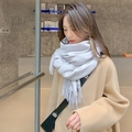 Light grey wool cashmere scarf with fringe, soft thick winter shawl wrap for women - Off-White Grey