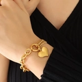 Elegant gold heart pendant bracelet featuring mixed chunky and double curb link chains - 15+3cm / Gold