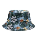 Blue tropical bucket hat with green leaves and floral prints on a white background - Adjustable / Verdant