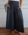 Pantalon large décontracté gris foncé avec taille haute élastiquée et froncée - S / Bas / Noir et Gris