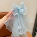 Light blue bow veil hair clip with butterfly embroidery and pearl tassels for girls - Blue Butterfly Veil