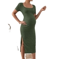 Abito premaman in maglia verde oliva con scollo quadrato e spacco laterale - S / Verde