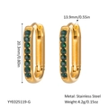 Detail view of U-shaped gold stainless steel earrings with inlaid green crystals and dimensions - Gold U-shaped Green Gemstone Style (YYE025119-G)