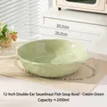 12-inch cream green ceramic soup bowl with handles and 2450ml large capacity - 12 Inch Double Ear Soup Bowl - Creamy Green