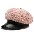 Casquette gavroche bicolore rose et noir en laine d'agneau avec visière en cuir PU - Rose avec bord en cuir