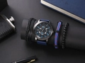 Men's quartz watch with blue leather strap and three matching bracelets set - Blue