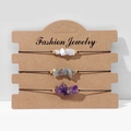 Three-piece set of natural crystal chip bracelets with woven rope and kraft card holder - FK0068 Clear Quartz Labradorite Amethyst Set