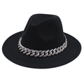 Detail of a black felt fedora hat featuring a chunky silver chain with inlaid crystals - M (56-58cm) / Black