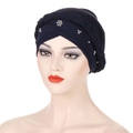 Navy blue turban cap for women with braided twist headband and white pearl beads - Navy Blue with Silver Beads