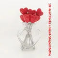 10 red heart-shaped stainless steel fruit forks with a clear heart glass storage bottle - Glass Bottle + 10 Heart Forks