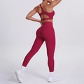 Rear view of burgundy one-shoulder cutout sports bra and high-waist yoga leggings set - Carmine
