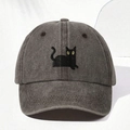 Detailed close-up of a black cat embroidery on a gray washed cotton baseball cap - One Size / Coffee
