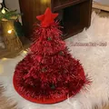 Detail of red tinsel Christmas tree hat with star topper and ornaments on plush rug - Double Layer Red Without Light