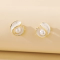 Elegant gold shell geometric earrings with lustrous white enamel and center pearl inlay - Geometric Pearl Stud Earrings (925 Silver Needle)