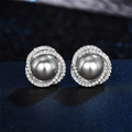Luxury grey pearl stud earrings with spiral micro-set zircon wrap design - Black