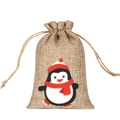Small linen Christmas gift bag with drawstring and cute skating penguin illustration - Skating Penguin B-04 / 10*15cm