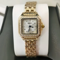 Elegant gold square quartz watch with crystal-encrusted bezel and white sunray dial - Rhinestone Gold Diamond Dial